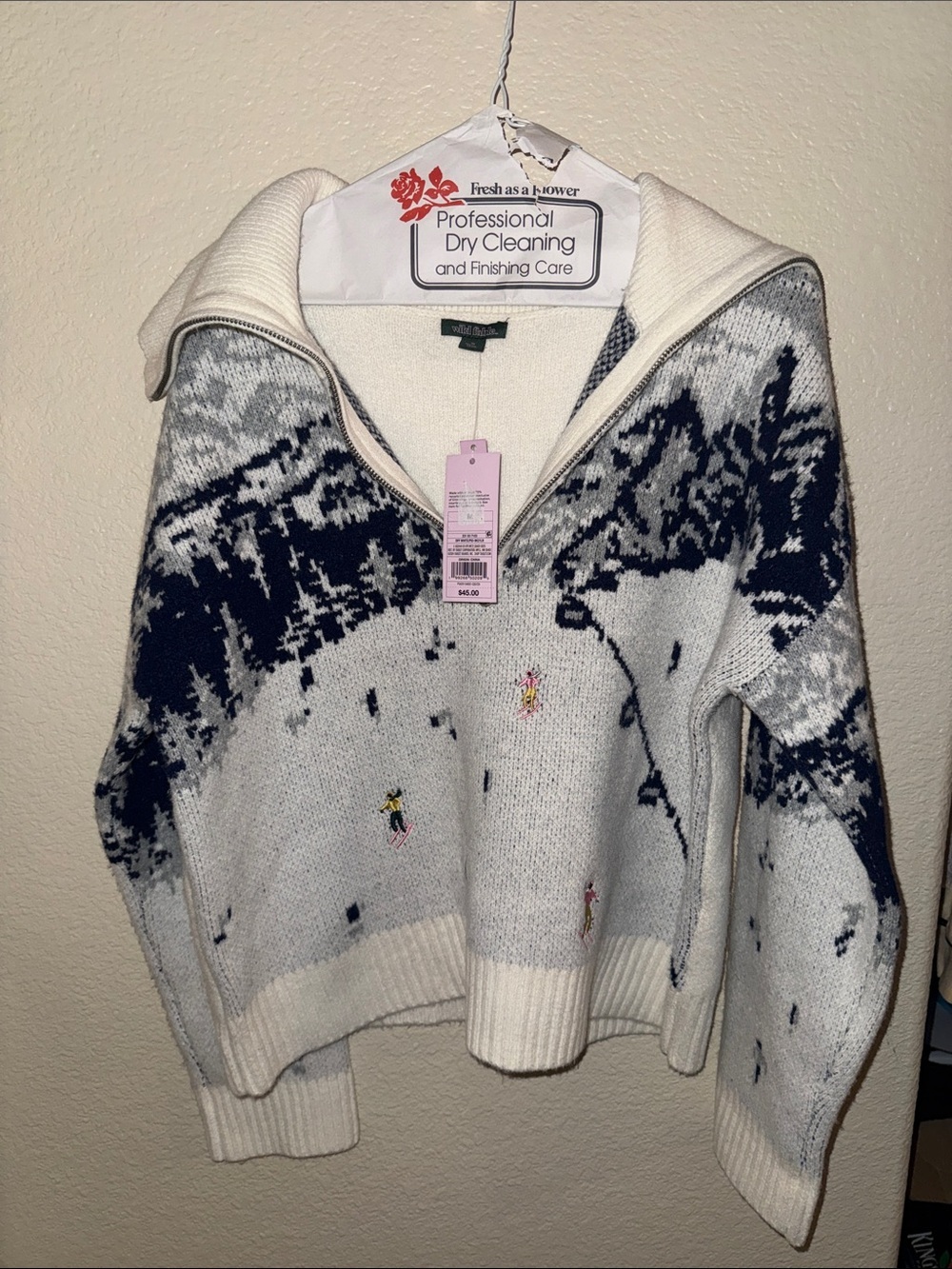 wild fable White and Navy Ski-Scene Funnel Zip Sweater